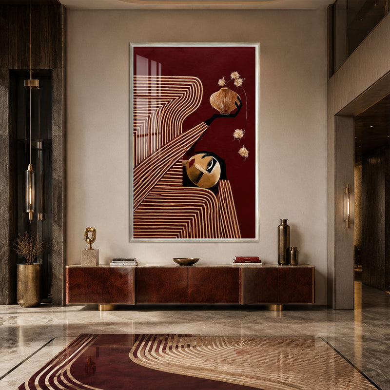 Bordo Zeminde Çizgisel Portre Cam Tablo – Gümüş Çerçeveli Cam Tablo