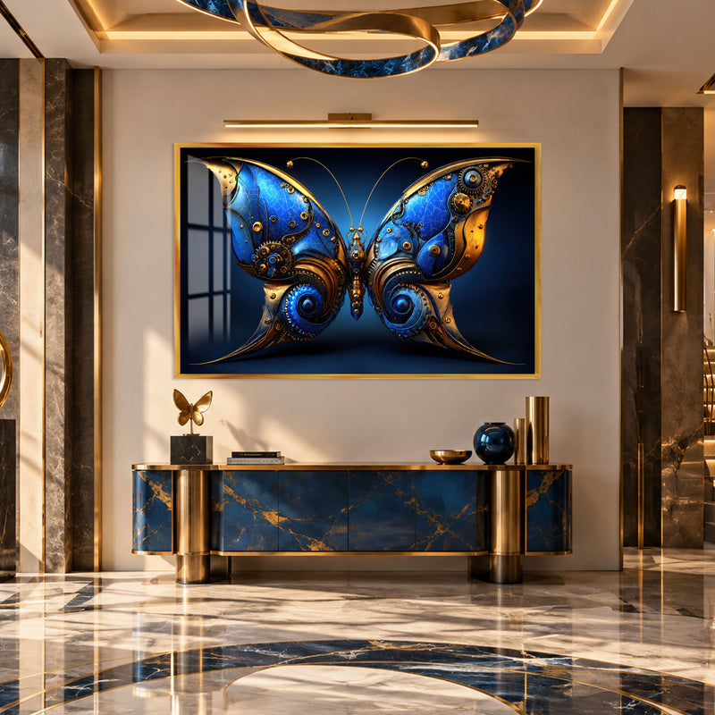 Mekanik Kanatlı Mavi Kelebek Cam Tablo – Altın Çerçeveli Cam Tablo