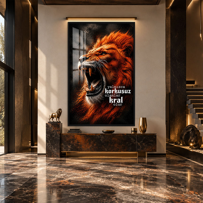 Türkçe Sözlü Kükreyen Aslan Cam Tablo – Siyah Çerçeveli Cam Tablo