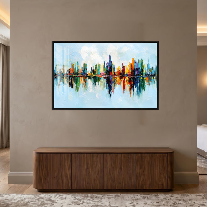 Renkli Şehir Skyline Gündüz Cam Tablo – Siyah Cerceveli Cam Tablo
