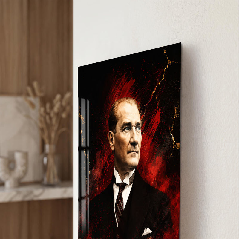 Kızıl Zeminde Atatürk Cam Tablo