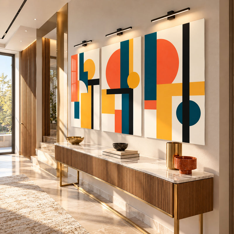 Turuncu Yeşil Sarı Geometrik Bauhaus Üçlü Cam Tablo