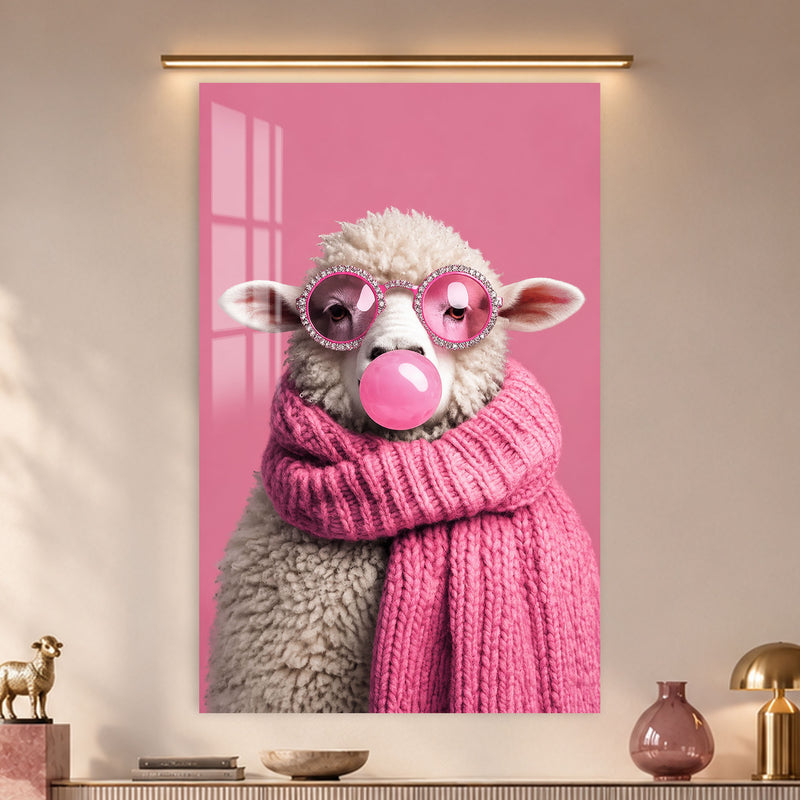 Balonlu Pembe Koyun Cam Tablo – Cam Tablo