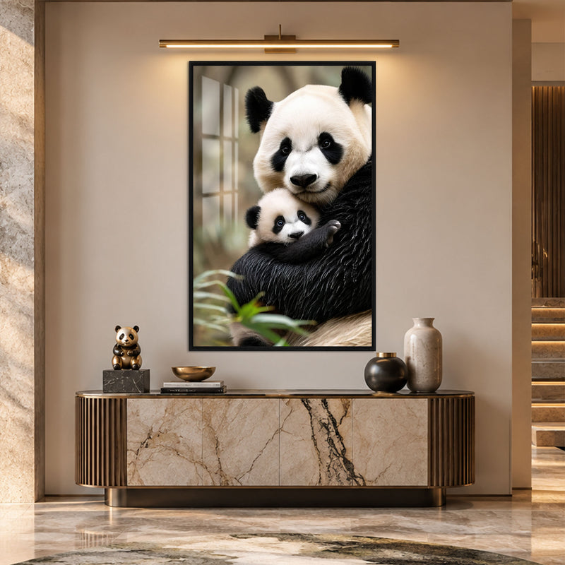 Anne Panda ve Yavrusu Cam Tablo – Siyah Çerçeveli Cam Tablo
