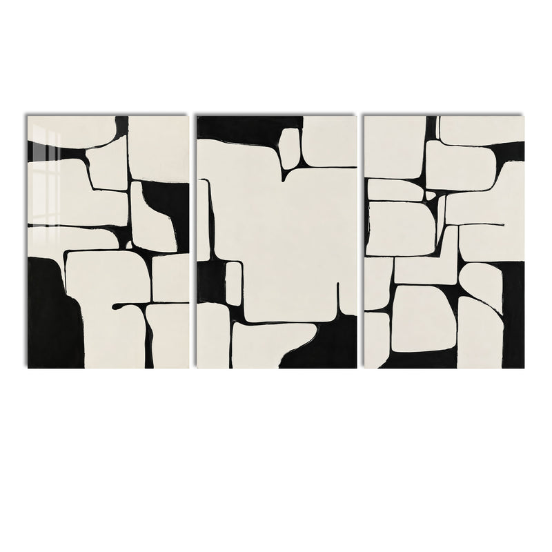 Siyah Krem Soyut Puzzle Üçlü Cam Tablo