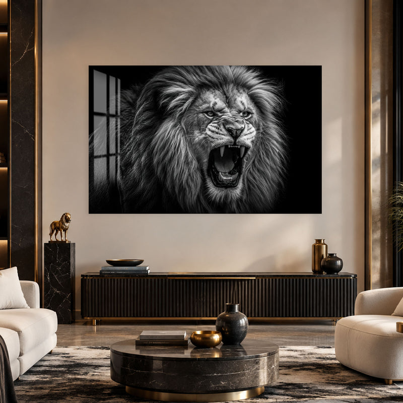 Kükreyen Aslan Siyah Beyaz Cam Tablo – Cam Tablo