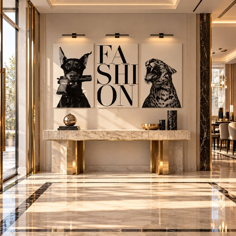 Fashion Yazılı Dobermann ve Leopar Üçlü Cam Tablo