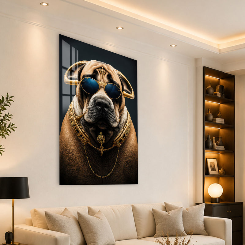 Altın Zincirli Güneş Gözlüklü Köpek Cam Tablo – Cam Tablo