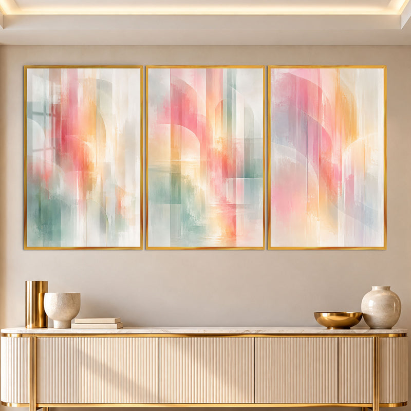 Pastel Akuarel Kemer Üçlü Cam Tablo – Altın Çerçeveli