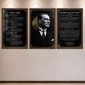 Atatürk Köşesi Üçlü Cam Tablo Seti — Mermer Desenli – Ceviz Çerçeveli