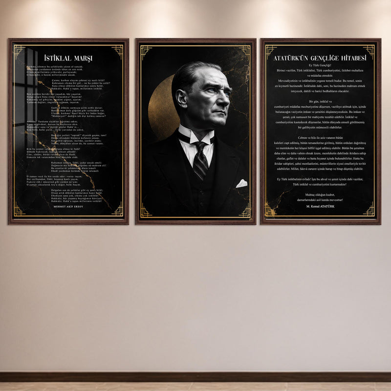 Atatürk Köşesi Üçlü Cam Tablo Seti — Mermer Desenli – Ceviz Çerçeveli