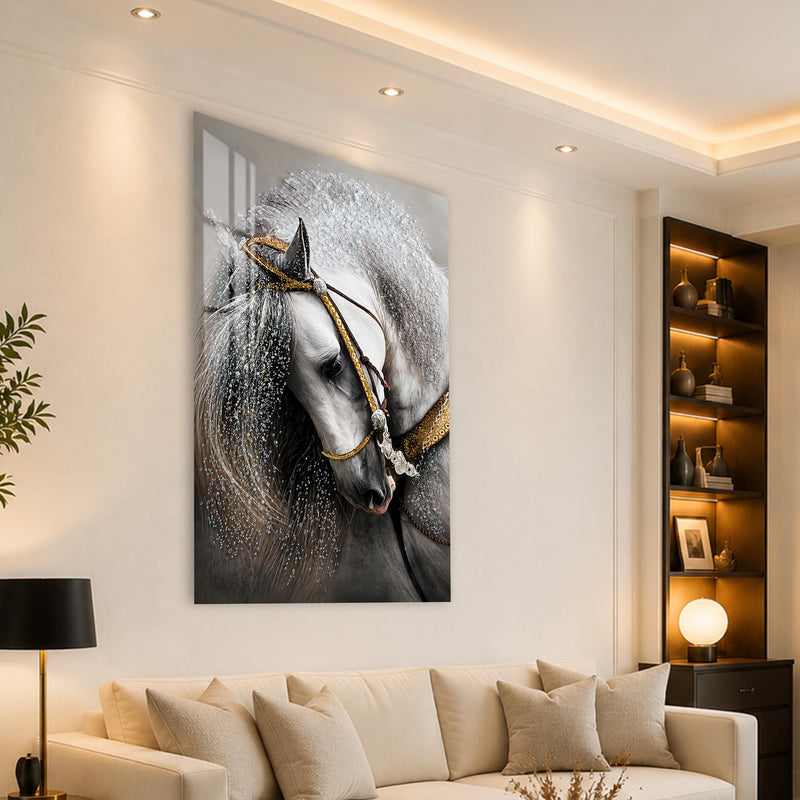 Mücevher Yeleli Beyaz At Cam Tablo – Cam Tablo