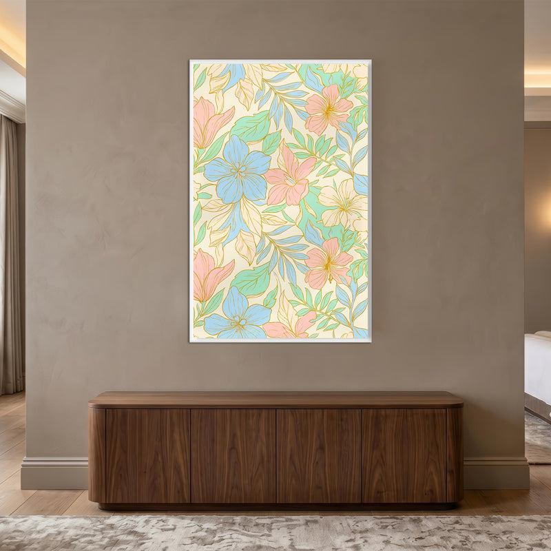 Pastel Çiçek Bahçesi Cam Tablo – Beyaz Çerçeveli Cam Tablo