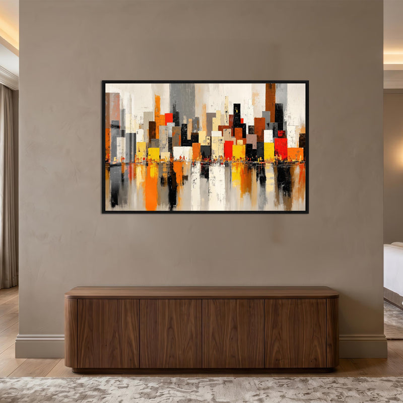 Soyut Geometrik Şehir Gündoğumu Cam Tablo – Siyah Cerceveli Cam Tablo