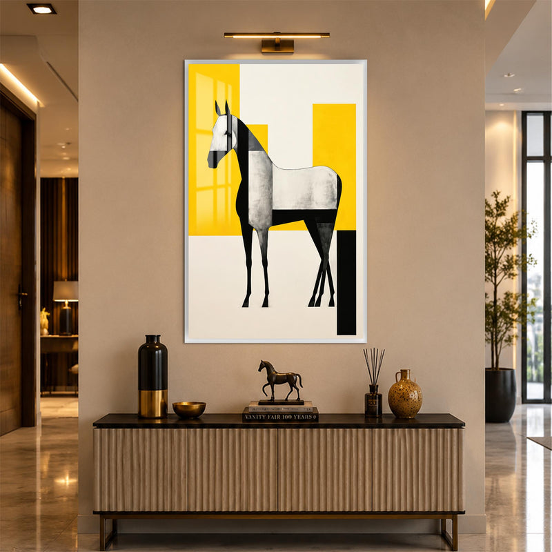 Sarı Geometride Gümüş At Cam Tablo – Beyaz Çerçeveli Cam Tablo