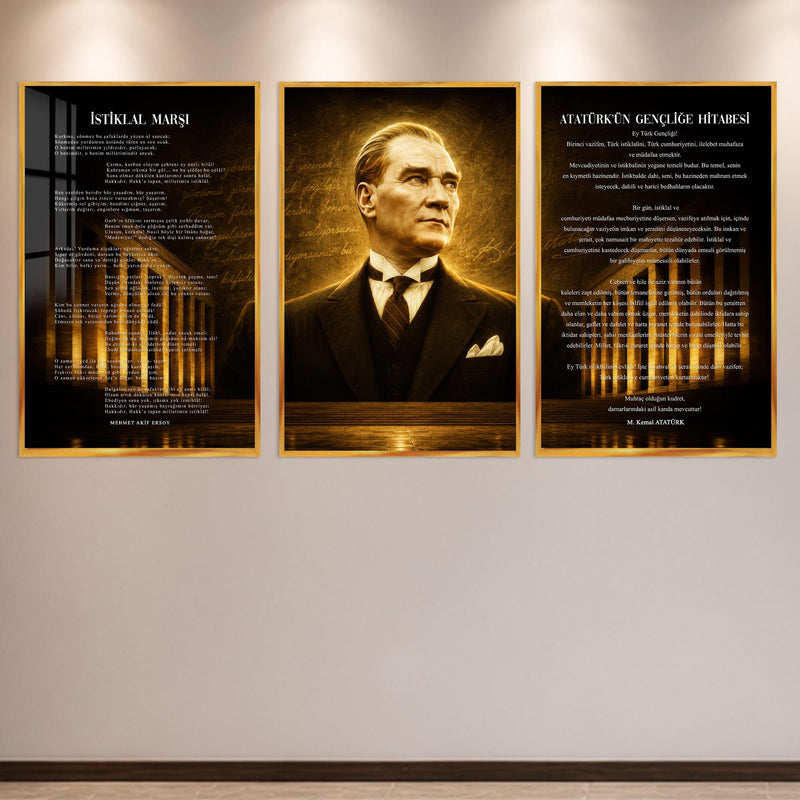 Atatürk Köşesi Üçlü Cam Tablo Seti — Vintage El Yazılı Sepya – Altın Çerçeveli