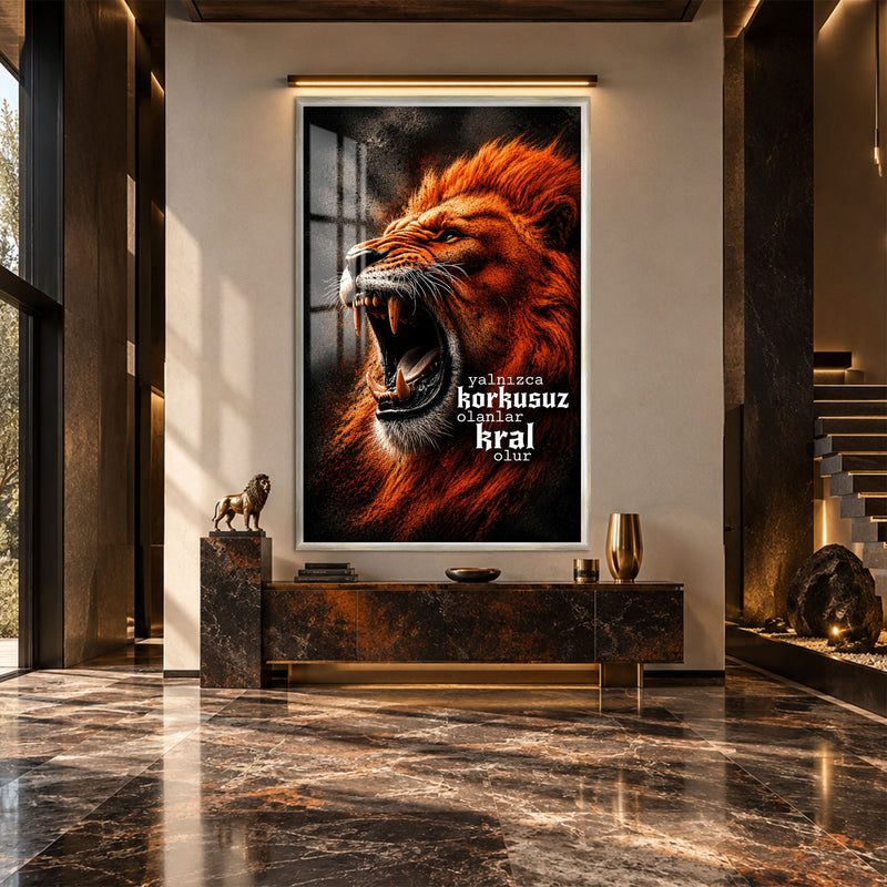 Türkçe Sözlü Kükreyen Aslan Cam Tablo – Gümüş Çerçeveli Cam Tablo