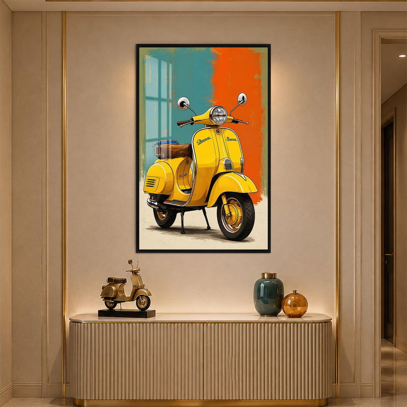 Turkuaz Turuncu Zeminde Sarı Vespa Cam Tablo – Siyah Çerçeveli Cam Tablo
