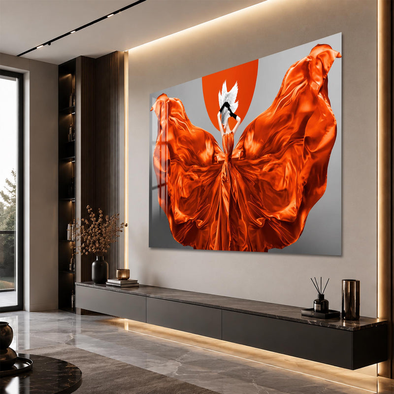 Turuncu Elbiseli Melek Kadın Cam Tablo – Cam Tablo