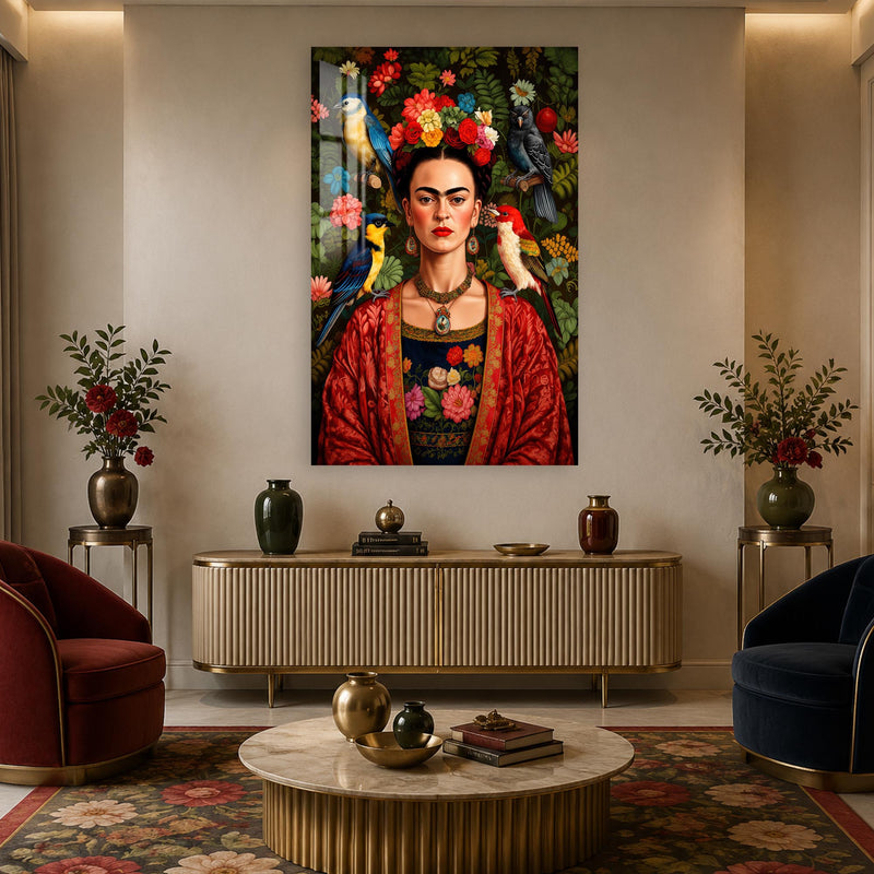 Kuşlar ve Çiçeklerle Frida Kahlo Cam Tablo – Cam Tablo