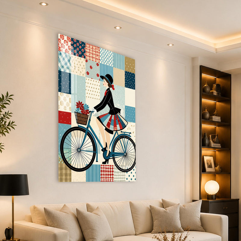 Patchwork Desenli Bisikletli Kadın Cam Tablo – Cam Tablo