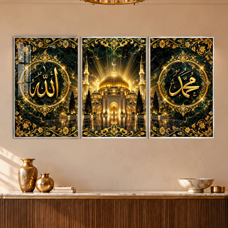 Altın Işıklı Cami ve Hat Levhası Üçlü Cam Tablo – Gümüş Çerçeveli