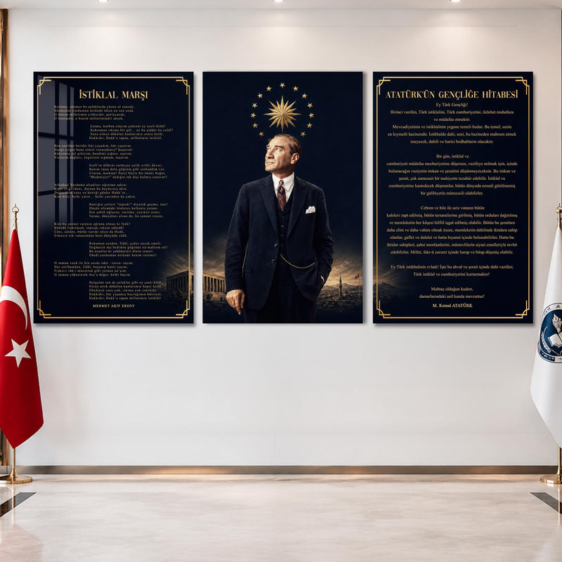 Atatürk Köşesi Üçlü Cam Tablo Seti — Yıldız Hâleli Lacivert