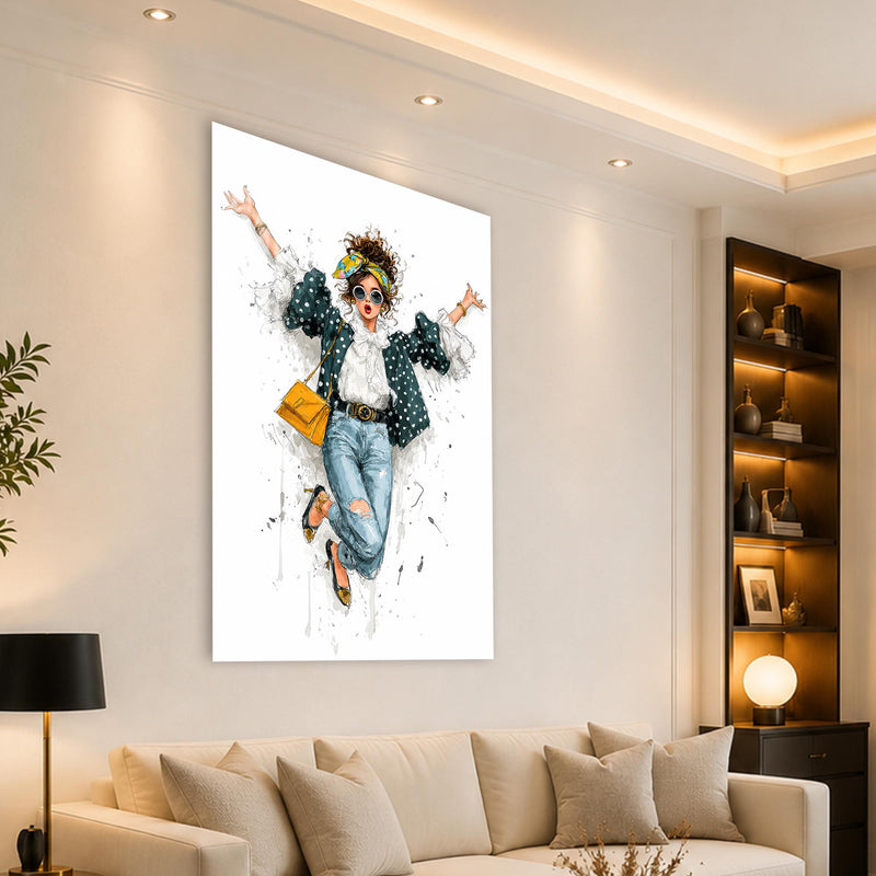 Puantiyeli Ceketli Neşeli Moda Kadını Cam Tablo – Cam Tablo
