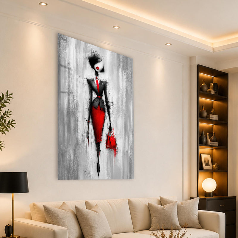 Kırmızı Aksesuarlı İş Kadını Moda Eskizi Cam Tablo – Cam Tablo