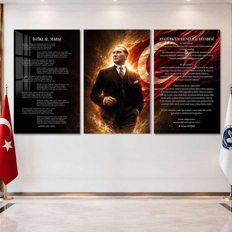 Atatürk Köşesi Üçlü Cam Tablo Seti — Ateşten Doğan Atatürk