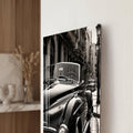 Siyah Beyaz Vintage Otomobil Sokak Sahnesi Cam Tablo – Cam Tablo