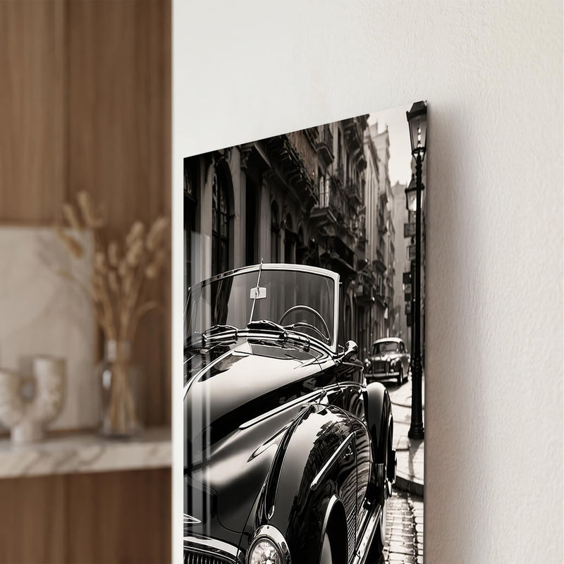 Siyah Beyaz Vintage Otomobil Sokak Sahnesi Cam Tablo – Cam Tablo
