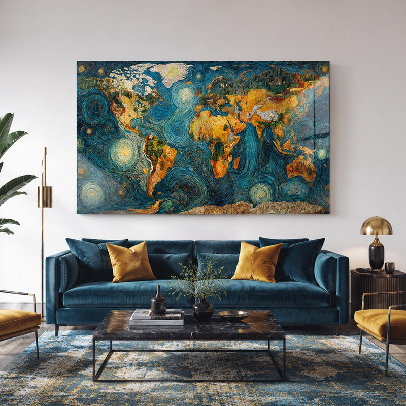 Van Gogh Yıldızlı Gece Dünya Haritası Cam Tablo