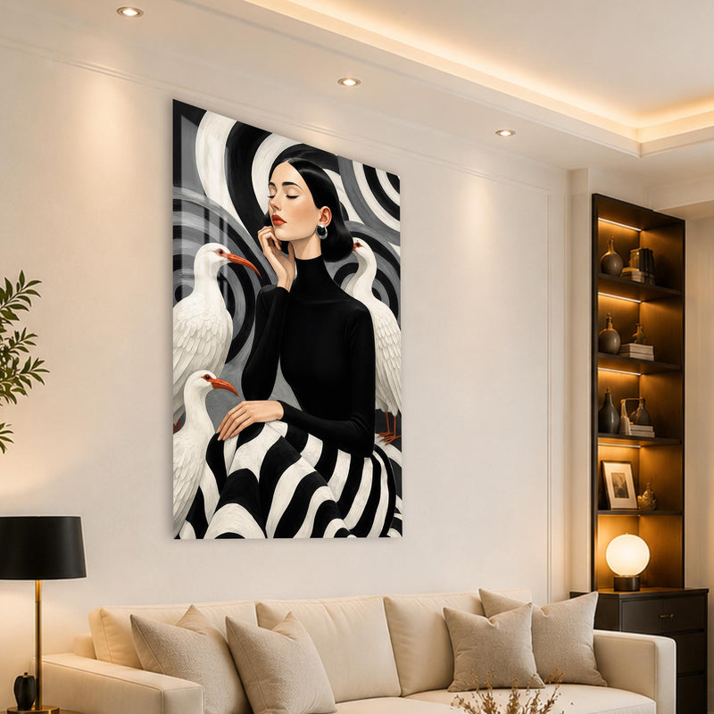 Beyaz Kuşlarla Sessiz Zarafet Cam Tablo – Cam Tablo