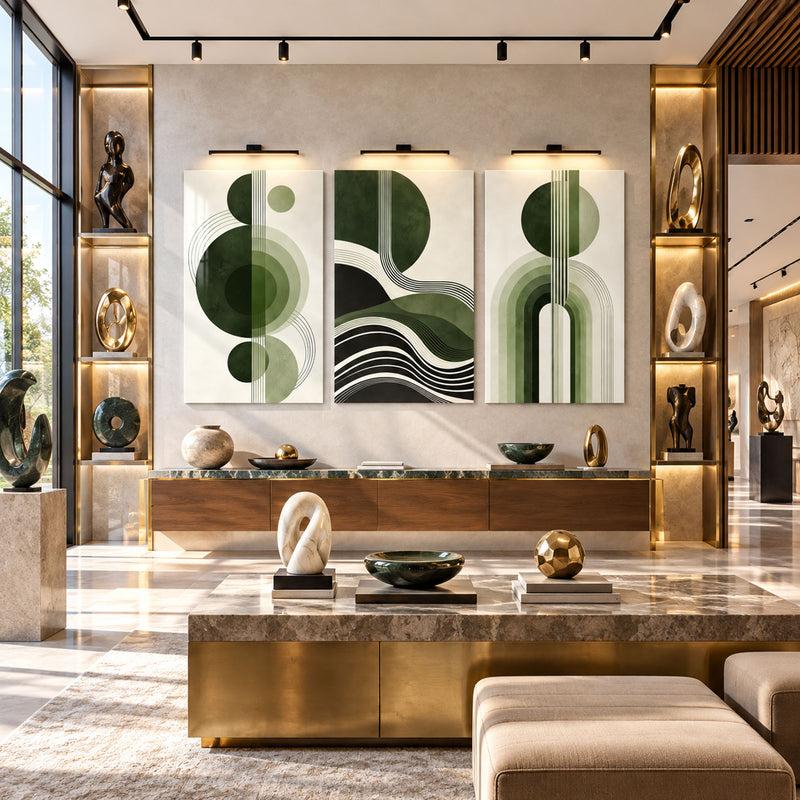 Yeşil Mid-Century Dalga Daire Üçlü Cam Tablo