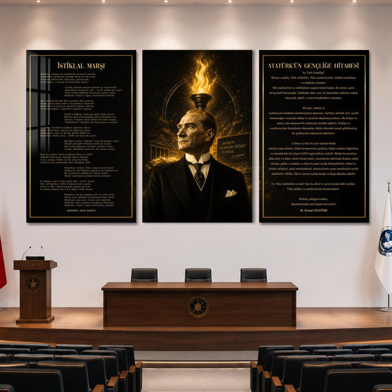 Atatürk Köşesi Üçlü Cam Tablo Seti — İlim Meşaleli