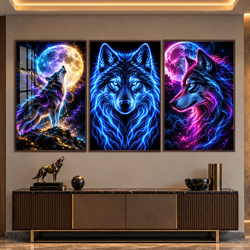 Neon Kurt Üçlüsü Üçlü Cam Tablo – Ceviz Çerçeveli