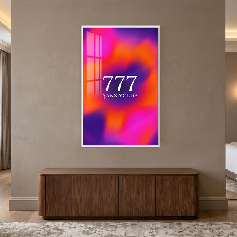 Neon Bulutlarda 777 Cam Tablo – Gümüş Çerçeveli Cam Tablo