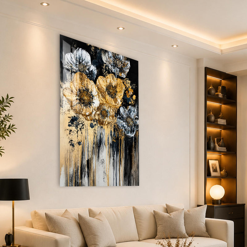Gece Bahçesinde Altın Çiçekler Cam Tablo – Cam Tablo