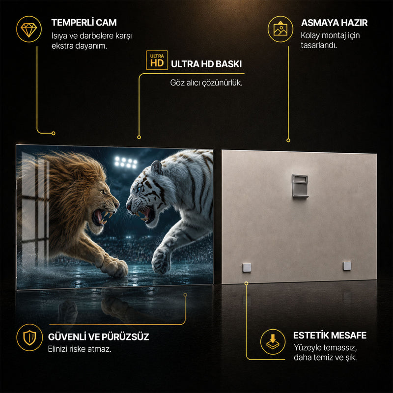 Aslan ve Kaplan Karşı Karşıya Cam Tablo – Cam Tablo