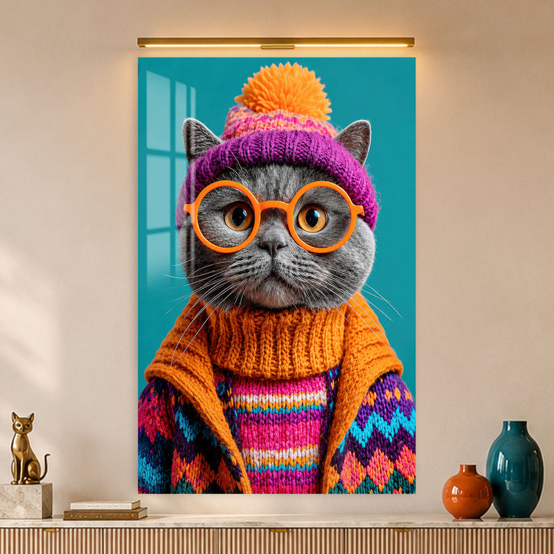 Bere Takan Gri Kedi Cam Tablo – Cam Tablo