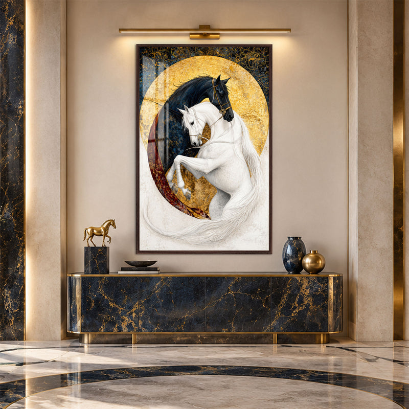 Yin Yang At Çifti Cam Tablo – Ceviz Çerçeveli Cam Tablo