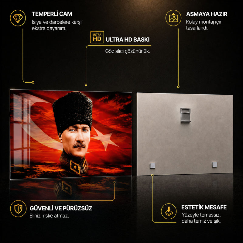 Kızıl Gökte Kalpaklı Atatürk Cam Tablo
