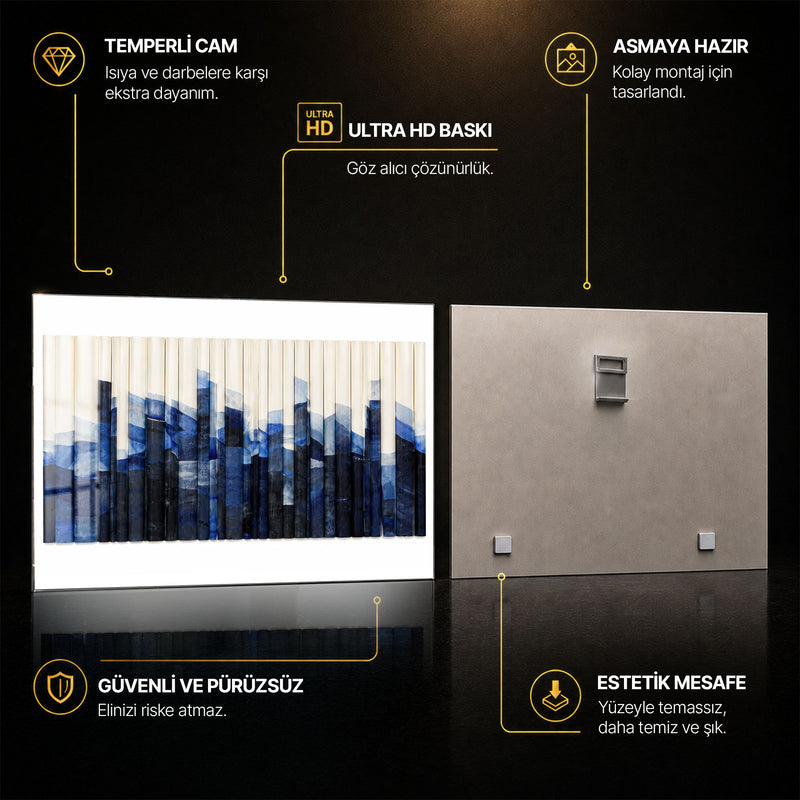Mavi Dalgalı Kitap Sırtları Cam Tablo – Cam Tablo