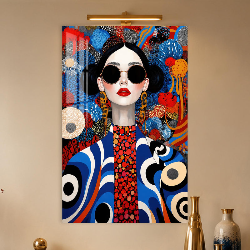 Yuvarlak Gözlüklü Renkli Pop Art Kadın Cam Tablo – Cam Tablo
