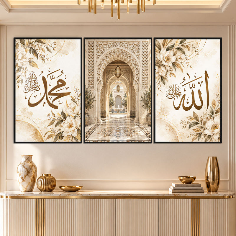 Allah Muhammed Çiçekli Hat Üçlü Cam Tablo – Siyah Çerçeveli