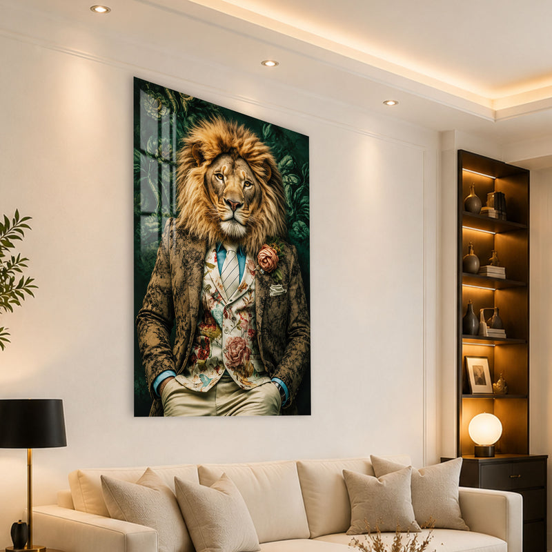 Çiçekli Ceketli Aslan Cam Tablo – Cam Tablo
