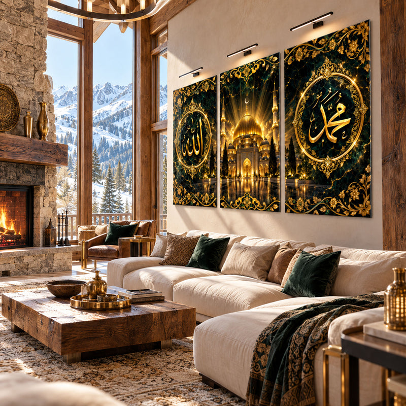 Altın Işıklı Cami ve Hat Levhası Üçlü Cam Tablo