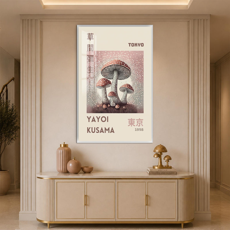 Pembe Sislerde Benekli Mantarlar Cam Tablo – Beyaz Çerçeveli Cam Tablo