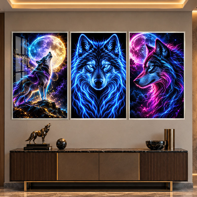 Neon Kurt Üçlüsü Üçlü Cam Tablo – Gümüş Çerçeveli